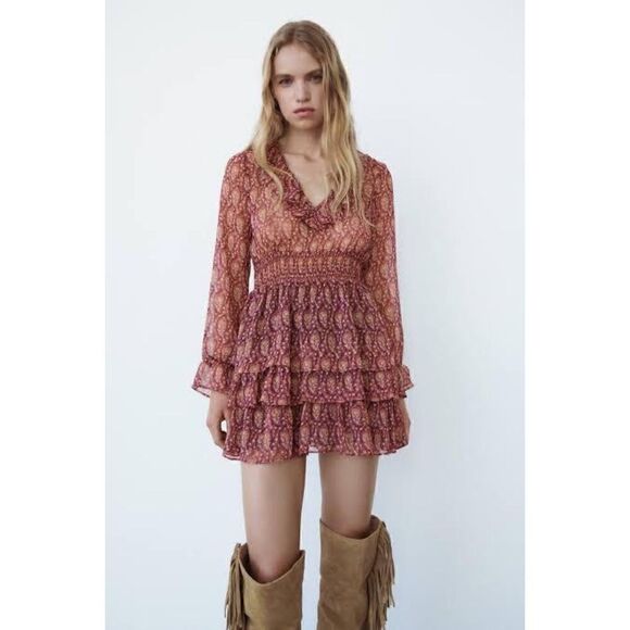 Zara Ruffled Printed Metallic Long Sleeve Mini Dress, Size Small - Picture 5 of 15